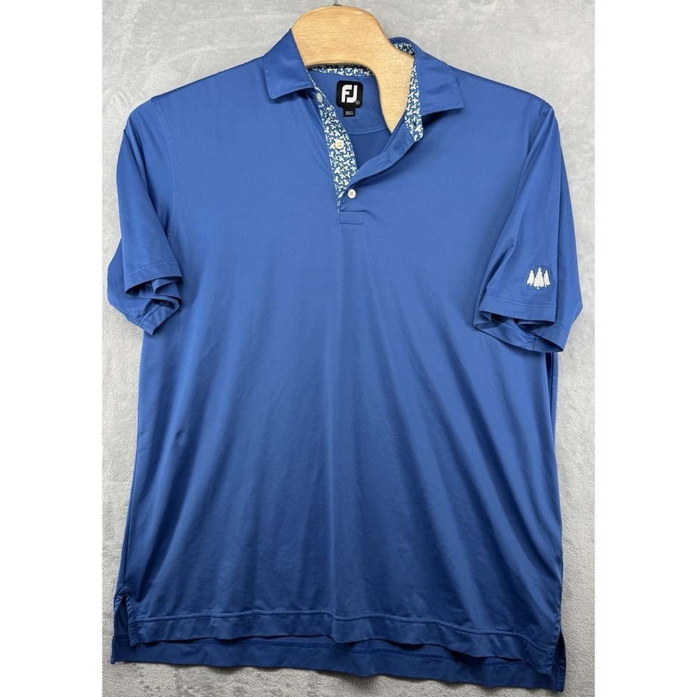 Footjoy Polo Shirt FJ Blue Floral‎ Collar Blue Sleeve Club Logo Men's Size L